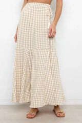 Khaki Gingham Print Maxi Skirts