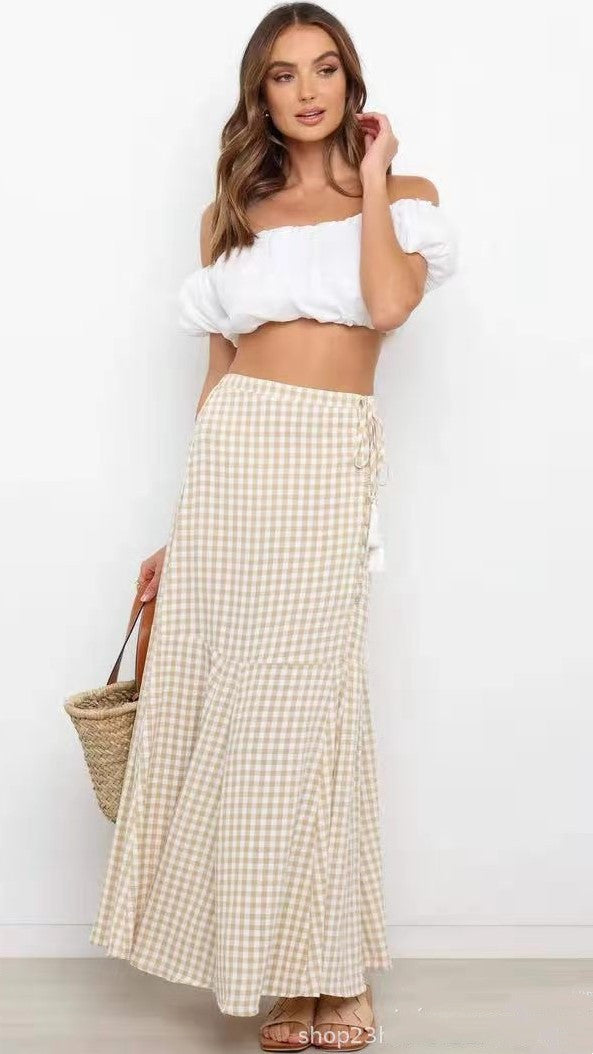 Khaki Gingham Print Maxi Skirts