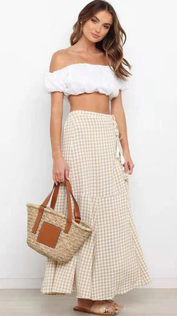 Khaki Gingham Print Maxi Skirts