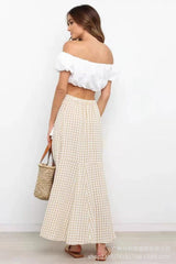 Khaki Gingham Print Maxi Skirts