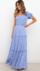 Blue Floral One Shoulder Top and Skirt Sets