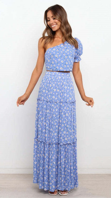 Blue Floral One Shoulder Top and Skirt Sets