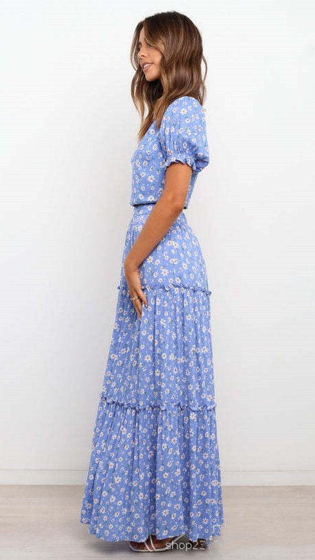 Blue Floral One Shoulder Top and Skirt Sets