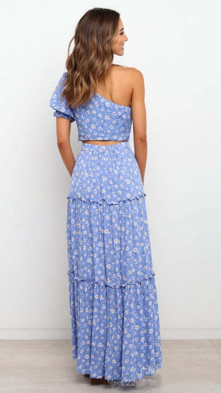 Blue Floral One Shoulder Top and Skirt Sets