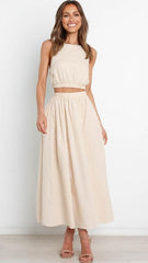 Beige Backless Crop Top and Skirt Sets