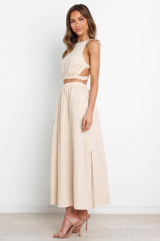 Beige Backless Crop Top and Skirt Sets