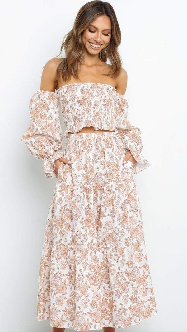 Pink Floral Off Shoulder Top and Skirt Sets