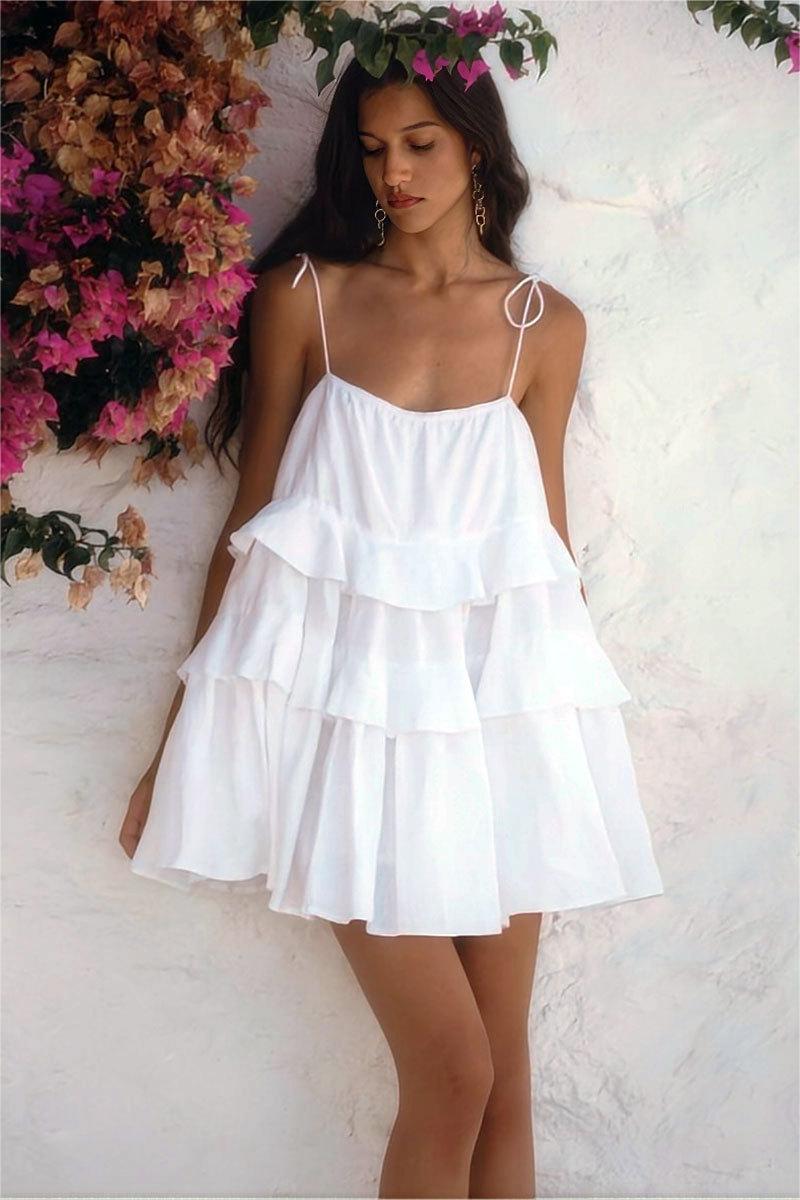 White Shoulder Tie Tiered Mini Dress