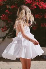 White Shoulder Tie Tiered Mini Dress