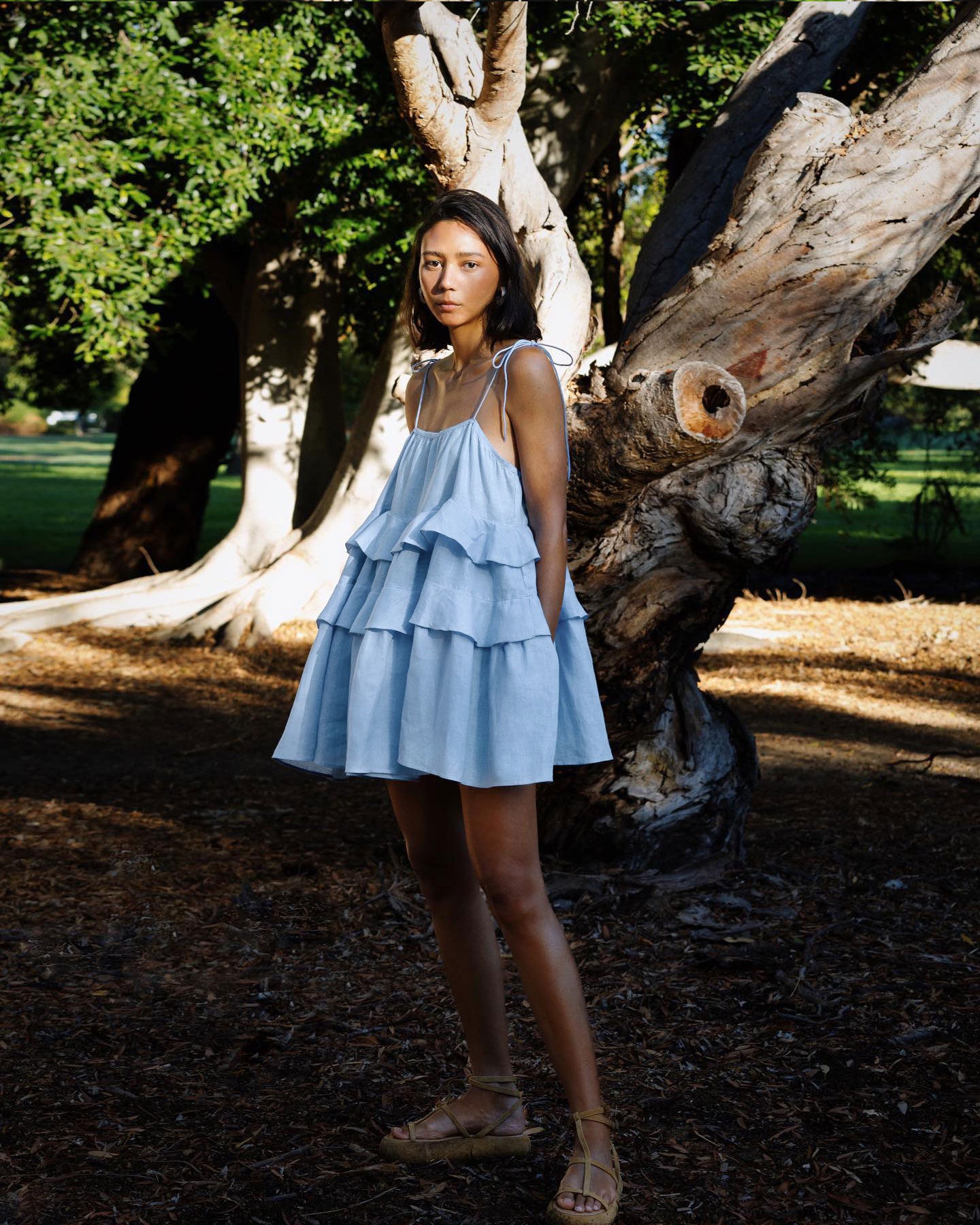 Blue Shoulder Tie Tiered Mini Dress