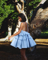 Blue Shoulder Tie Tiered Mini Dress