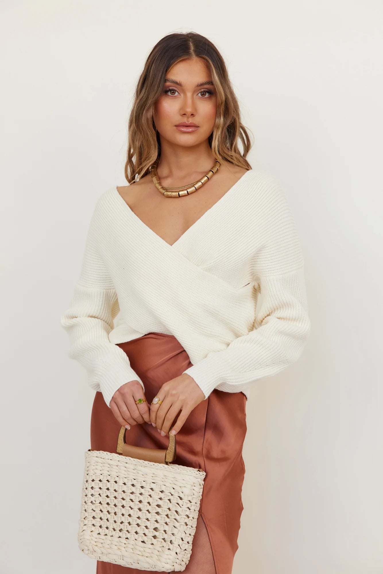 Cream Crossover Knit Sweater