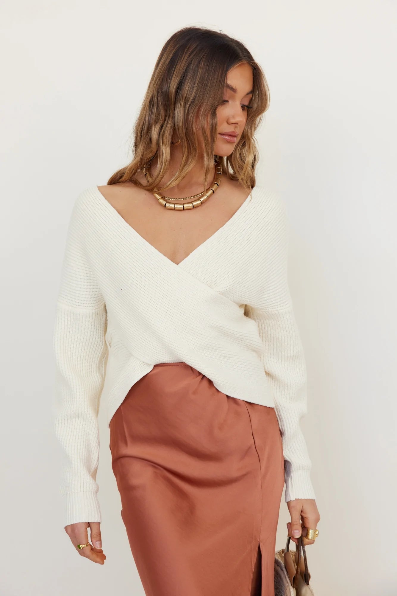 Cream Crossover Knit Sweater