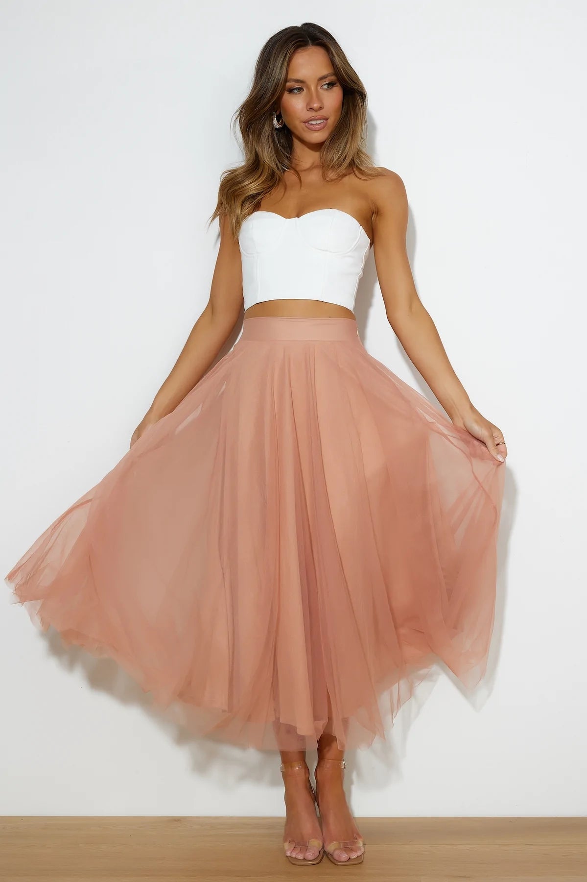 Coral Tulle Midi Skirts