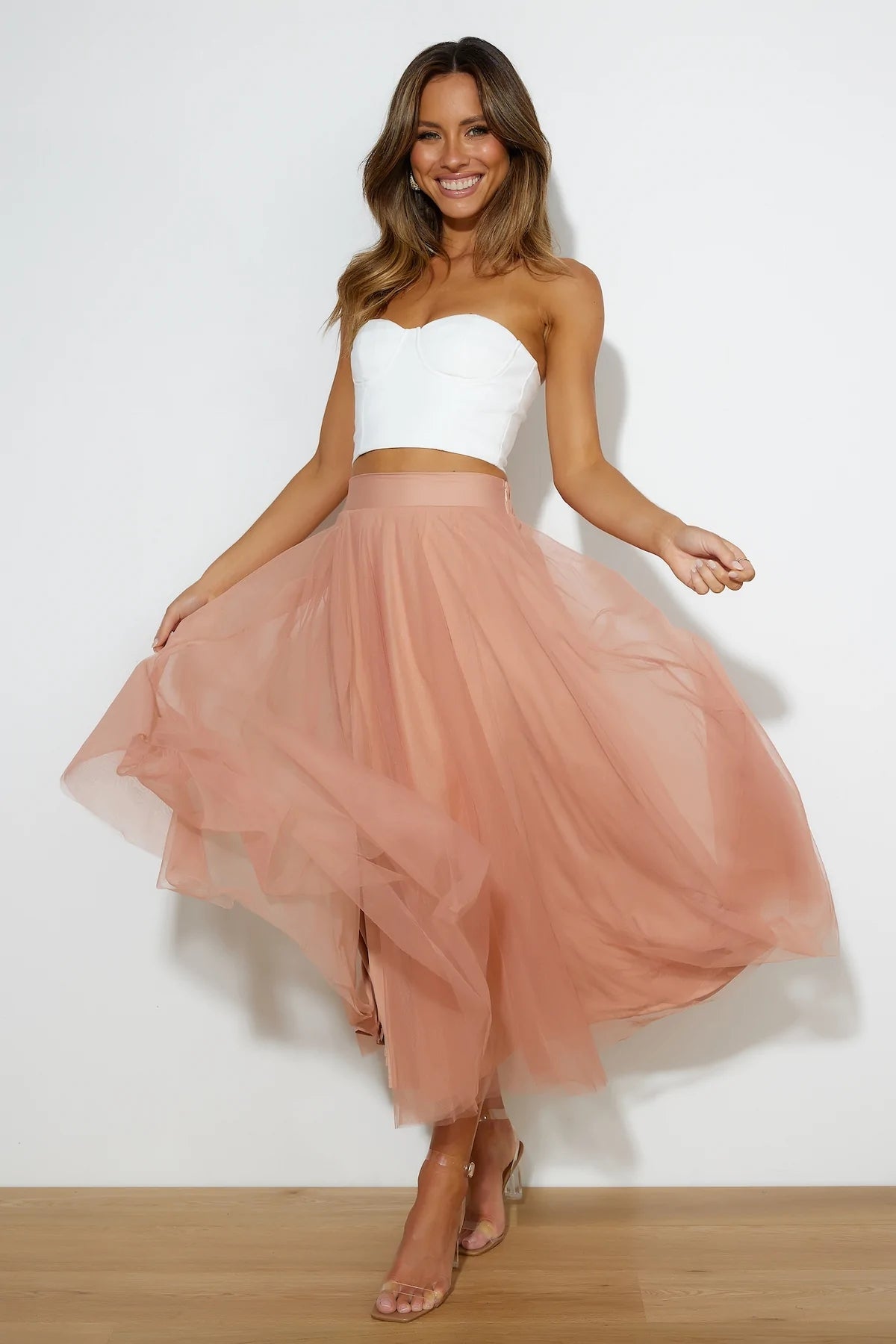 Coral Tulle Midi Skirts