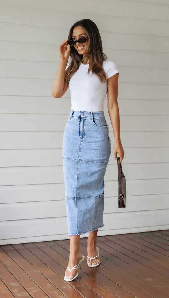 Blue Denim Bodycon Midi Skirts