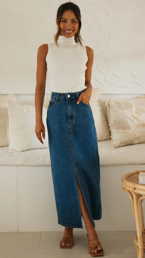 Blue Denim Midi Skirts