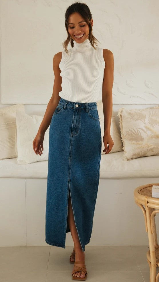 Blue Denim Midi Skirts