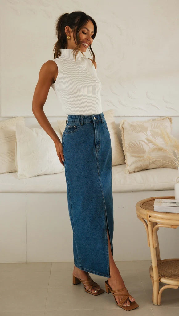 Blue Denim Midi Skirts