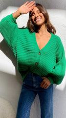 Green Ribbed Knit Cardigan Sweater