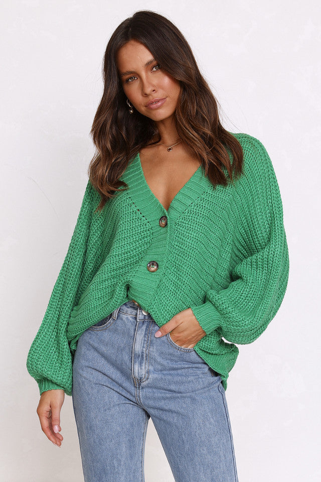 Green Ribbed Knit Cardigan Sweater