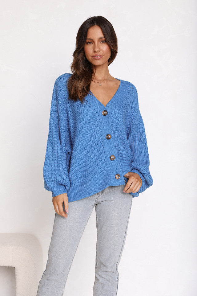 Blue Ribbed Knit Cardigan Sweater