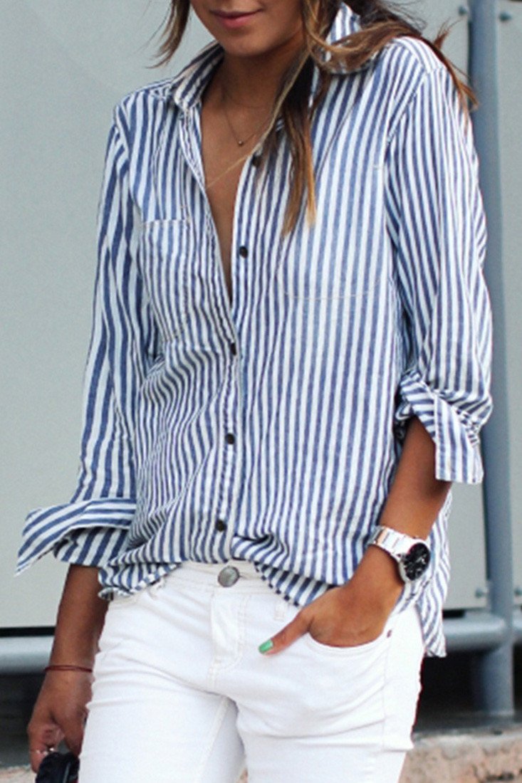 Classic Blue And White Striped Button Down Shirt