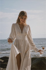 White Long Sleeves Midi Dress