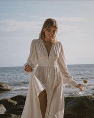 White Long Sleeves Midi Dress