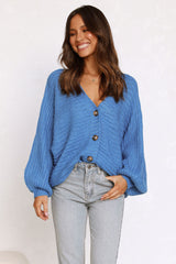 Blue Ribbed Knit Cardigan Sweater