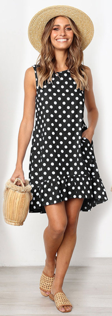 Black Polka Dot Sleeveless Midi Dress