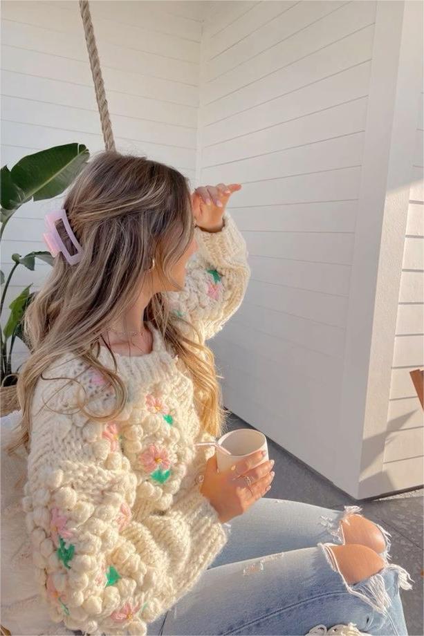 Beige Floral Crochet Knit Sweater