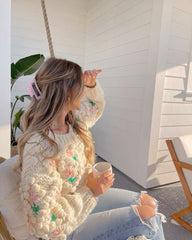 Beige Floral Crochet Knit Sweater