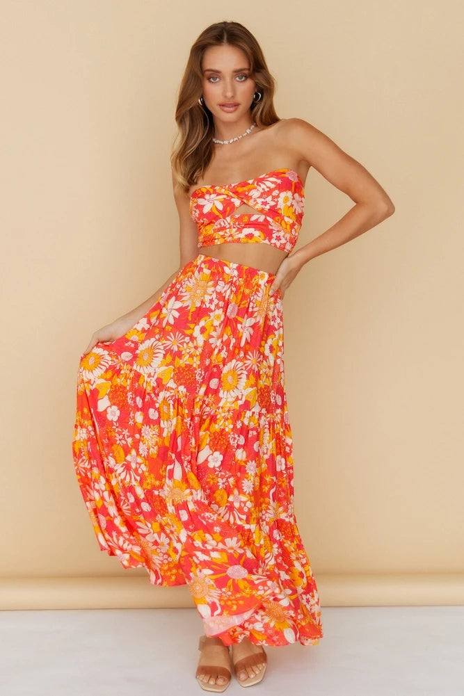 Orange Red Floral Off Shoulder Top and Skirt Sets