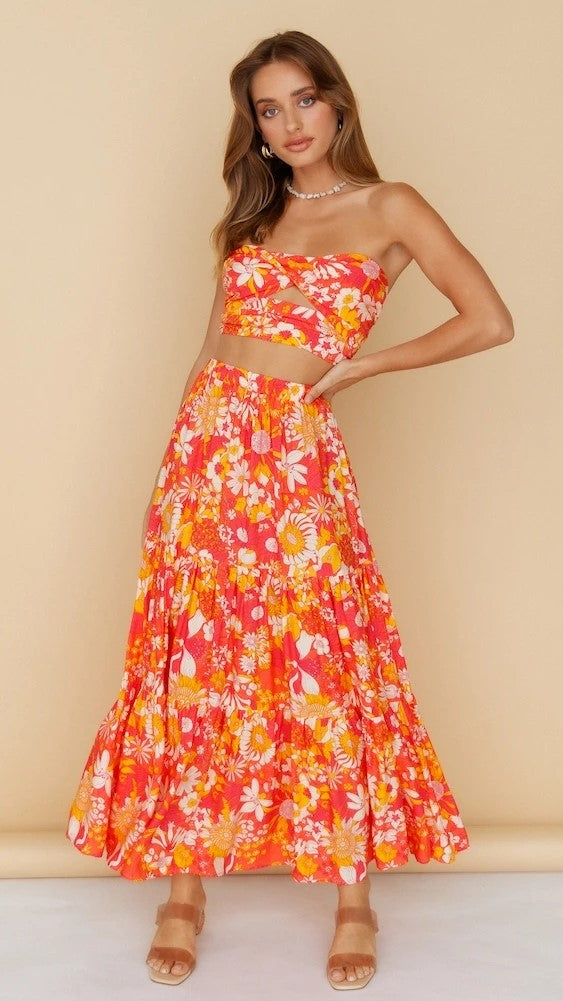 Orange Red Floral Off Shoulder Top and Skirt Sets