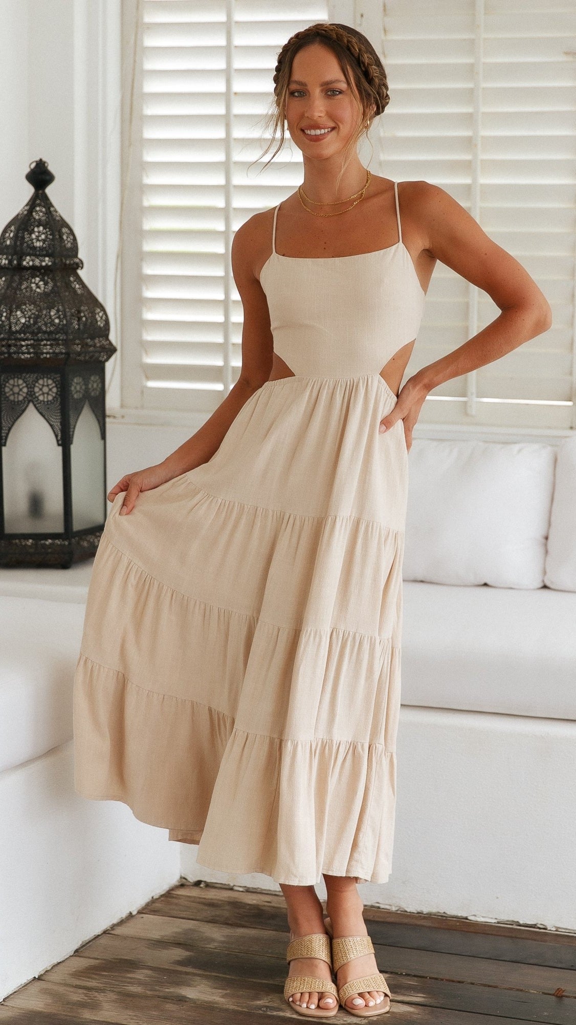 Beige Open Back Midi Dress