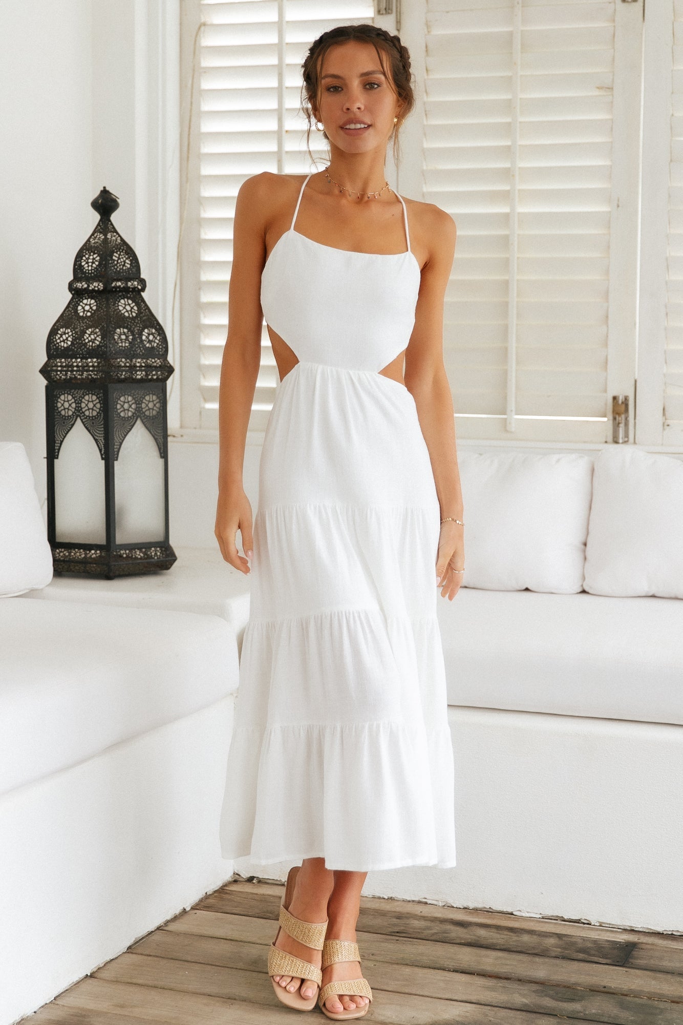 White Open Back Midi Dress