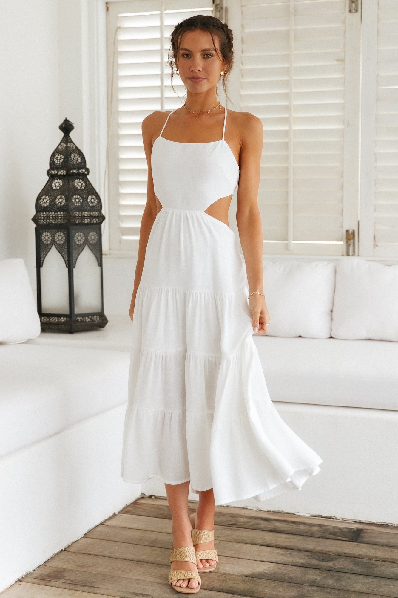 White Open Back Midi Dress