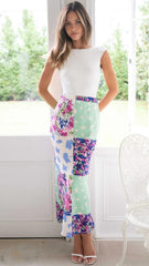 Color Block Floral Midi Skirts