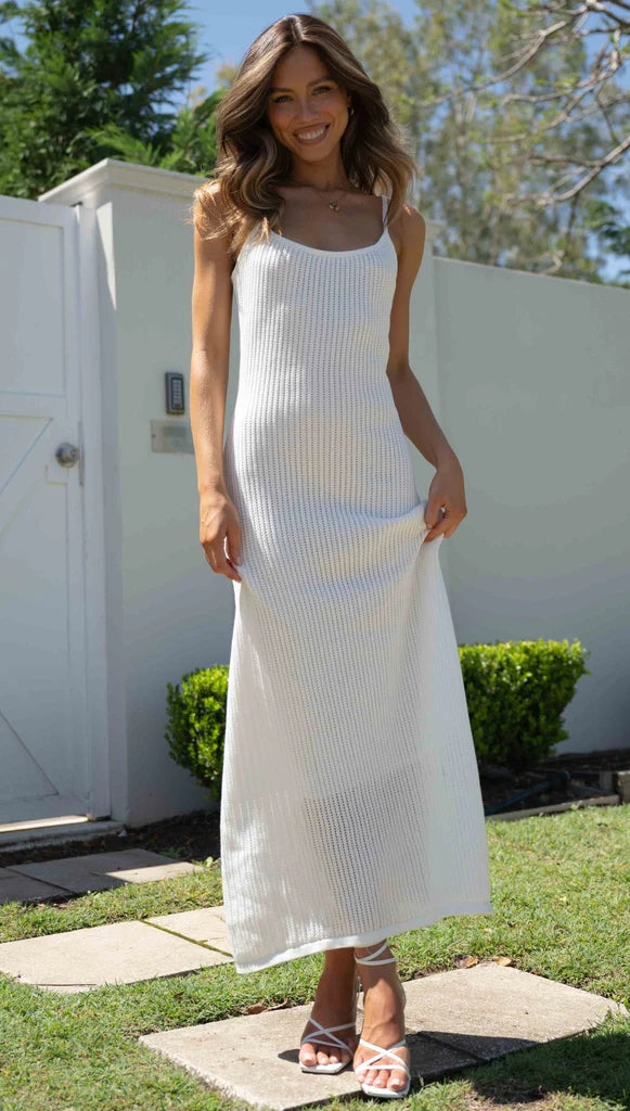 Beige Ribbed Knit Slip Maxi Dress