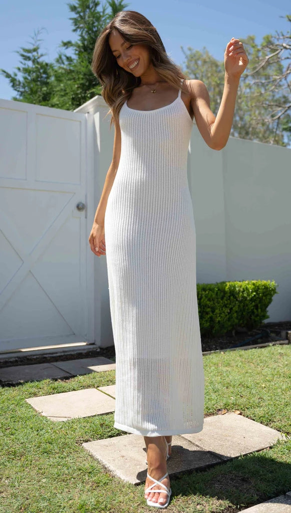 Beige Ribbed Knit Slip Maxi Dress