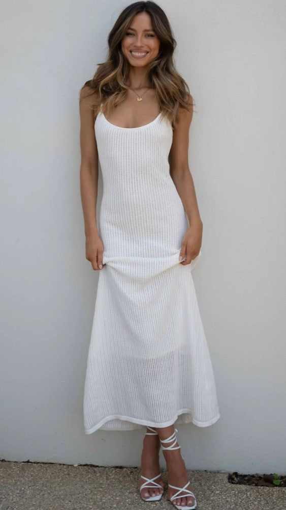 Beige Ribbed Knit Slip Maxi Dress