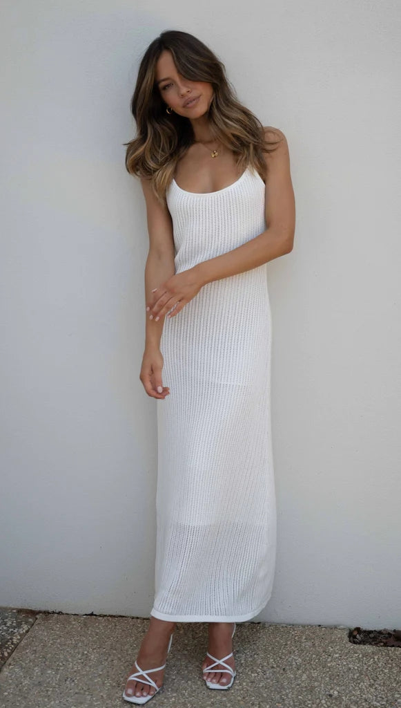 Beige Ribbed Knit Slip Maxi Dress