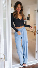 Black Long Sleeves Knit Crop Top