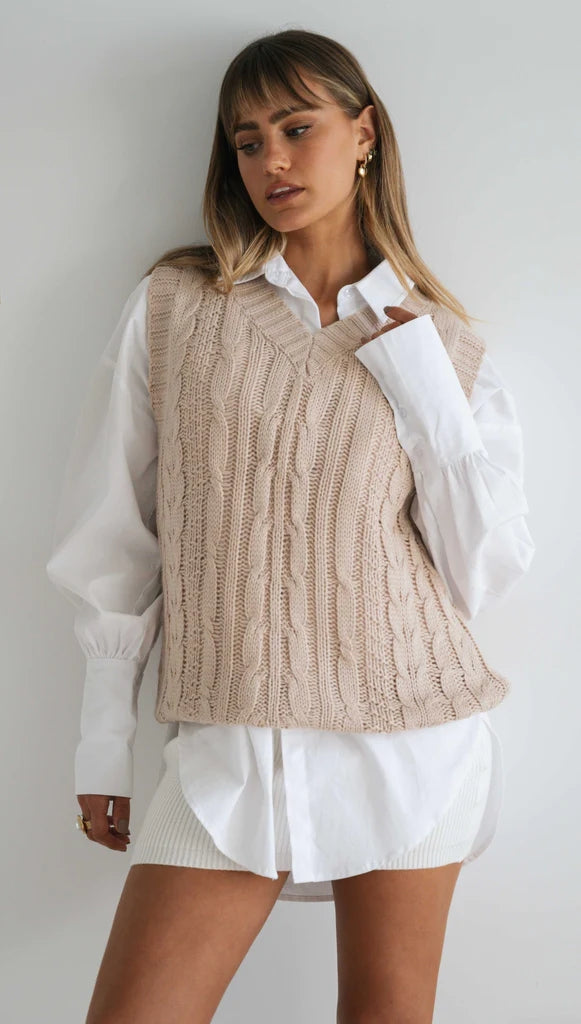 Beige Cable Knit Sweater Vest