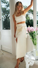 Beige Knit Crop Top and Skirt Sets