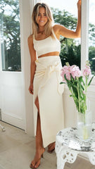 Beige Knit Crop Top and Skirt Sets