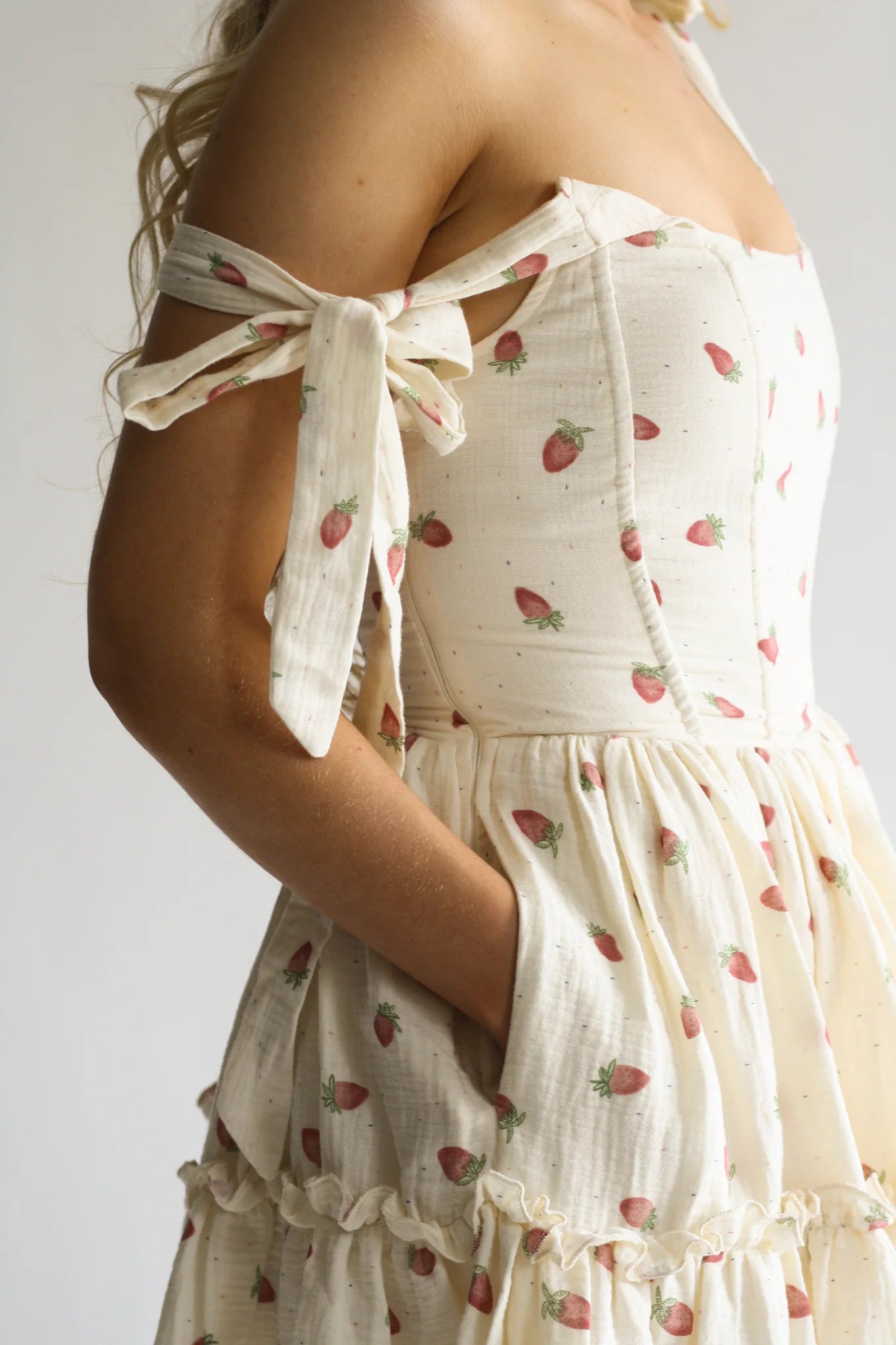 Strawberry Print Shoulder Ties Mini Dress