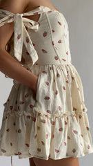 Strawberry Print Shoulder Ties Mini Dress