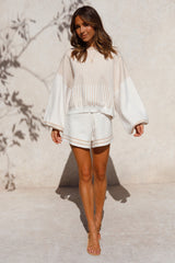 Cream Striped Knit Top and Shorts Matching Sets